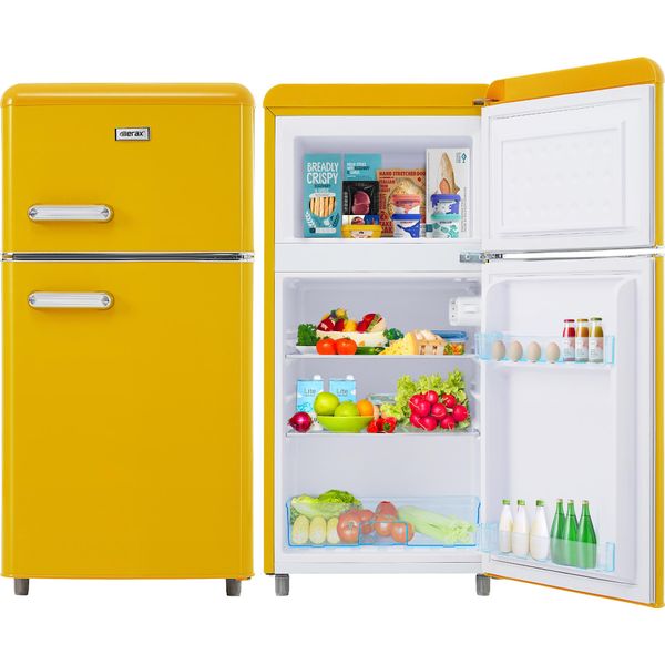 Frigorifero Da Tavolo Merax Frigo-Congelatore Retrò BCD-100C, Maniglia Della Porta In Metallo, Ripiano E Piedini Regolabili, Doppia Porta E Illuminazione A Led, 72 L, A Libera Installazione, Giallo-image