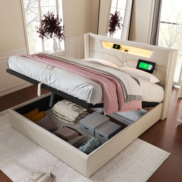 Letto Imbottito Flieks 140X200 Con Usb E Tipo C, Letto A Molle Con Rete A Doghe, Letto Per Ragazzi Con Led, Letto Contenitore Idraulico Letto Matrimoniale, Biancheria, Beige-image