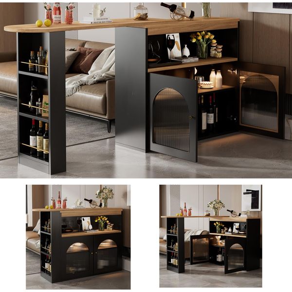 Flieks Tavolo Da Pranzo Tavolo Da Bar Girevole A 360°, Tavolo Da Pranzo Tavolo Da Cucina Allungabile Con Credenza, Tavolo Da Bar Credenza Con Led, Nero-image