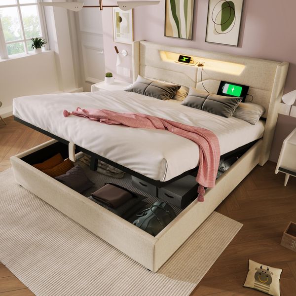 Letto Imbottito Flieks 160X200 Con Usb E Tipo C, Letto A Molle Con Rete A Doghe, Letto Per Ragazzi Con Led, Letto Contenitore Idraulico Letto Matrimoniale, Biancheria, Beige-image