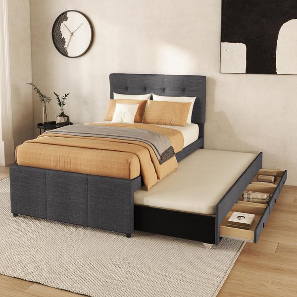 Letto Imbottito Flieks 90X200Cm Letto Singolo Con Sottoletto Estraibile, Letto In Legno Massiccio Con Rete A Doghe E 3 Cassetti, Letto Contenitore Letto Per Ospiti Letto Da Giorno, Grigio-image