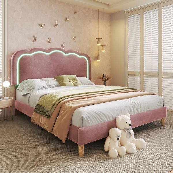 Letto Imbottito Flieks 140X200Cm Con Rete A Doghe, Letto Per Ragazzi Letto Per Bambini Con Rete A Doghe, Letto Matrimoniale Letto Classico In Legno, Velluto, Rosa-image