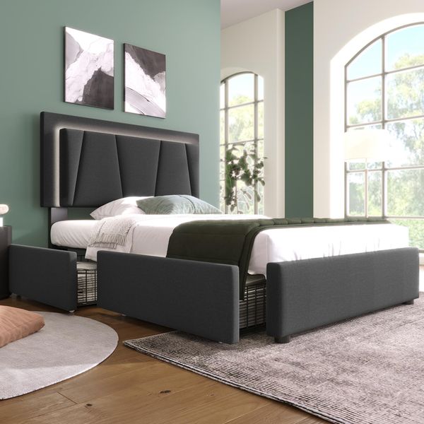 Letto Imbottito Flieks 90X200Cm Con Rete A Doghe, Letto Contenitore Con 2 Cassetti, Letto Singolo Per Ragazzi Con Testata Regolabile, Biancheria Da Letto In Legno, Grigio-image