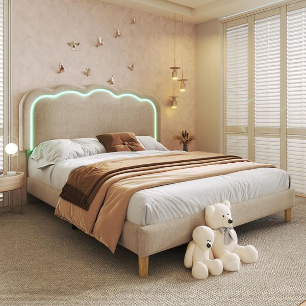 Letto Imbottito Flieks 140X200Cm Con Rete A Doghe, Letto Per Ragazzi Letto Per Bambini Con Rete A Doghe, Letto Matrimoniale Letto Classico In Legno, Lino, Beige-image