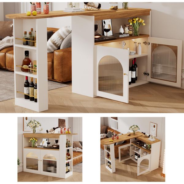 Flieks Tavolo Da Pranzo Tavolo Da Bar Girevole A 360°, Tavolo Da Sala Da Pranzo Tavolo Da Cucina Allungabile Con Credenza, Tavolo Da Bar Credenza Con Led, Bianco-image