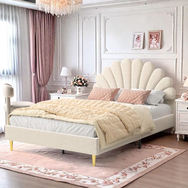 Letto Imbottito 140 X 200 Cm Struttura Del Letto Con Testata A Forma Di Fiore E Rete A Doghe, Letto Matrimoniale Per Ragazzi In Tessuto Vellutato Delicato Sulla Pelle, Letto Per Ospiti-image