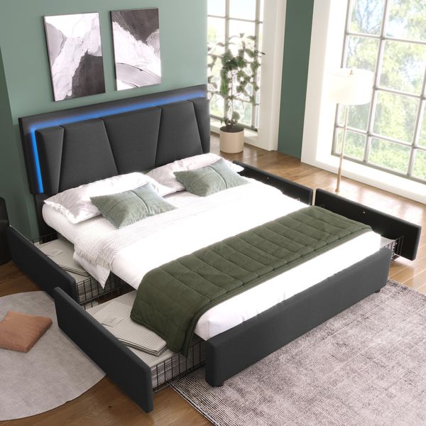 Letto Imbottito Flieks 140X200Cm Con Rete A Doghe, Letto Contenitore Con 2 Cassetti, Letto Matrimoniale Per Ragazzi Con Testata Regolabile, Biancheria Da Letto In Legno, Grigio-image