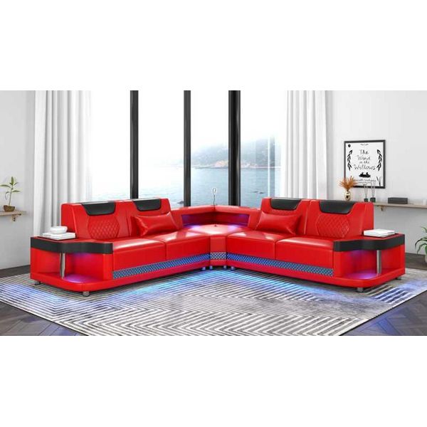Divano Rosso Angolare In Pelle A Forma Di L Set Moderno Con Led-image