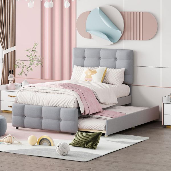 Letto Imbottito Merax 90X200Cm Con Letto Estraibile 90X190Cm, Letto Per Ragazzi Con Testata Regolabile E Rete A Doghe, Letto Singolo In Lino Letto Per Bambini Letto Per Ospiti, Grigio-image