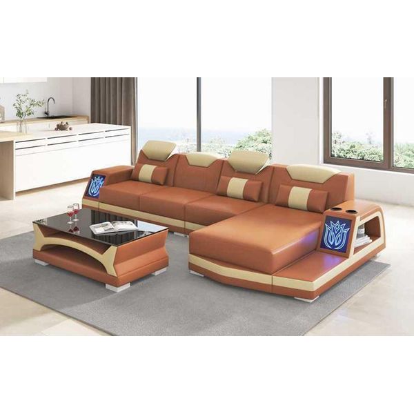 Divano Angolare In Pelle A Forma Di L Marrone Moderno-image