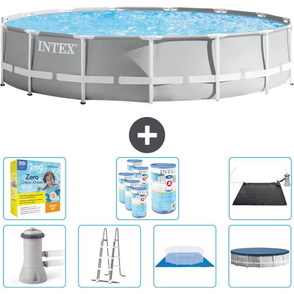 Piscina Intex Round Prism Frame - 457 X 107 Cm - Grigio - Inclusa Pompa - Scaletta - Telo Di Fondo - Pacchetto Manutenzione Copertura - Filtro - Tappetino Solare-image
