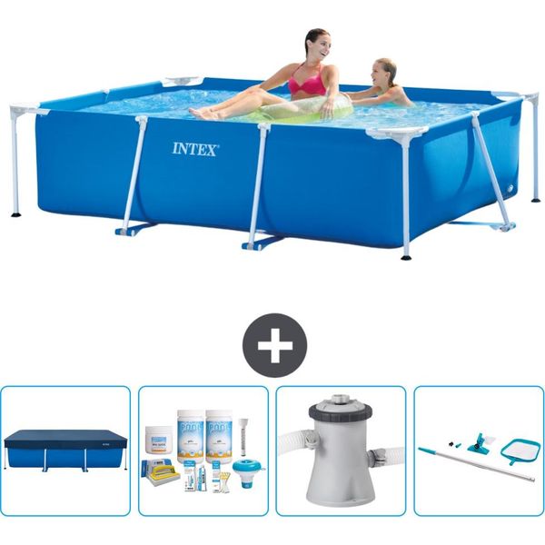 Piscina Intex Con Struttura Rettangolare - 220 X 150 X 60 Cm - Blu - Copertura Inclusa - Pacchetto Manutenzione - Pompa Filtro Per Piscina - Kit Pulizia-image