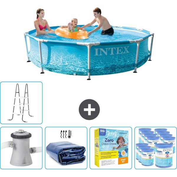 Piscina Intex Con Struttura Rotonda - 305 X 76 Cm - Pressione Dell'acqua - Pompa Inclusa - Tenda Da Sole - Pacchetto Manutenzione - Filtro - Scaletta-image
