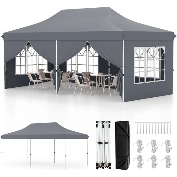 Gazebo Pieghevole Costway 3X6M Con 6 Pareti Laterali Rimovibili, Borsa Di Trasporto, Gazebo Idrorepellente Regolabile In Altezza, Protezione Uv 50+ Grigio-image