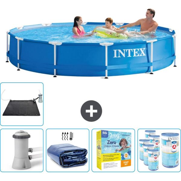 Piscina Intex Con Struttura Rotonda - 366 X 76 Cm - Blu - Pompa Inclusa - Tenda Da Sole - Pacchetto Manutenzione - Filtro - Tappetino Solare-image