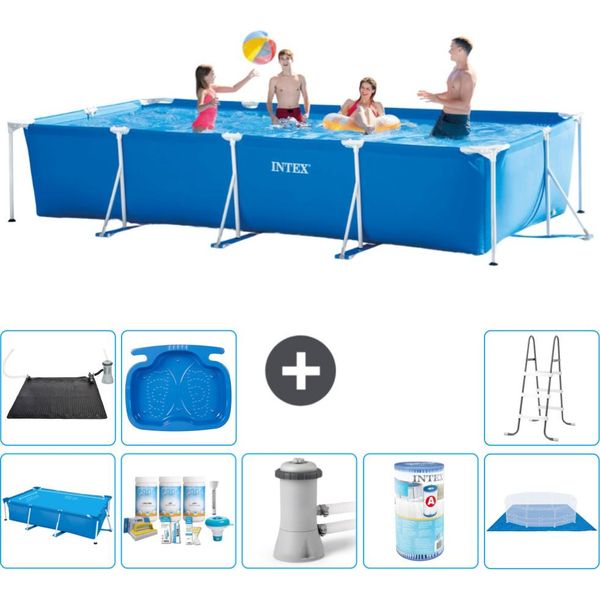 Piscina Intex Con Struttura Rettangolare - 450 X 220 X 84 Cm - Blu - Include Tenda Da Sole - Pacchetto Di Manutenzione - Pompa Filtro Per Piscina - Filtro - Copertura Del Terreno - Tappeto Solare-image