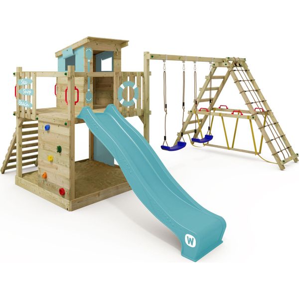 Wickey Torre Gioco Per Arrampicata Smart Surf Con Altalena E Scivolo, Torre Per Arrampicata Con Sabbiera, Scaletta E Accessori Da Gioco - Blu Pastello-image