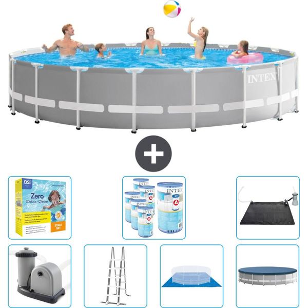 Piscina Intex Round Prism Frame - 610 X 132 Cm - Grigio - Inclusa Pompa - Scala - Telo Di Fondo - Pacchetto Di Manutenzione Della Copertura - Filtro - Tappetino Solare-image