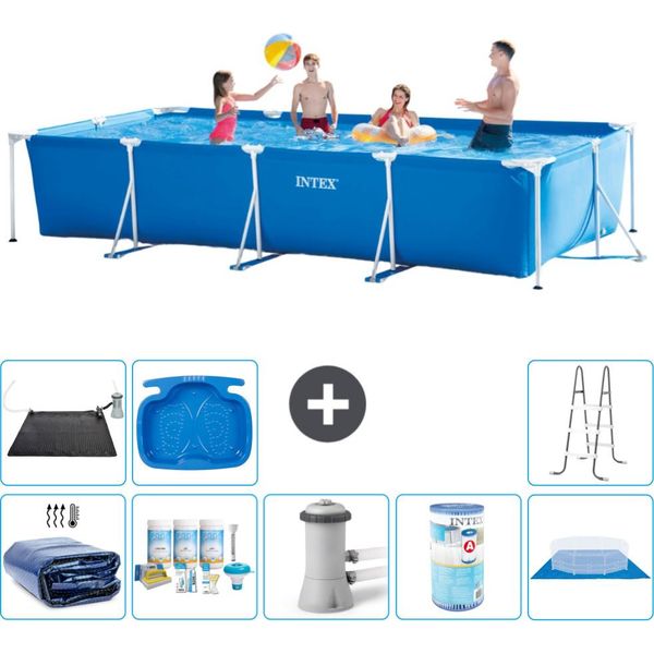 Piscina Intex Con Struttura Rettangolare - 450 X 220 X 84 Cm - Blu - Include Tenda Da Sole - Pacchetto Di Manutenzione - Pompa Filtro Per Piscina - Filtro - Copertura Del Terreno - Tappeto Solare-image