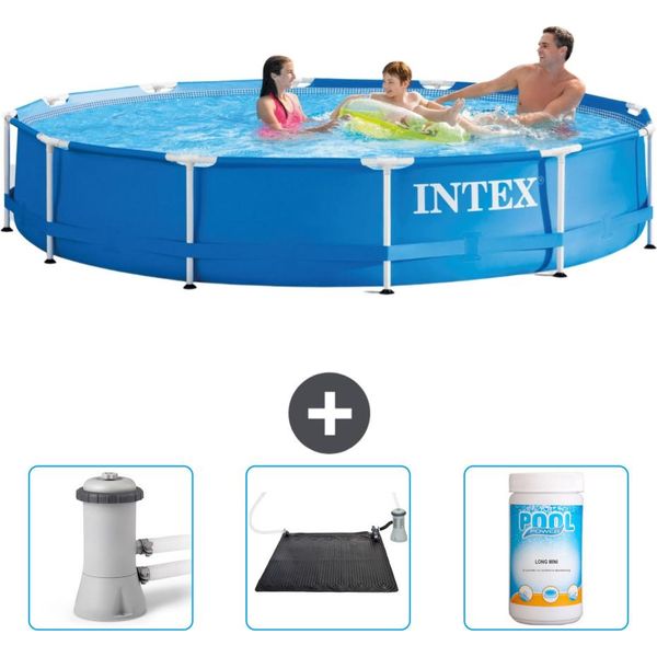 Piscina Intex Con Struttura Rotonda - 366 X 76 Cm - Blu - Pompa Filtro Per Piscina Inclusa - Tappetino Solare - Cloro-image
