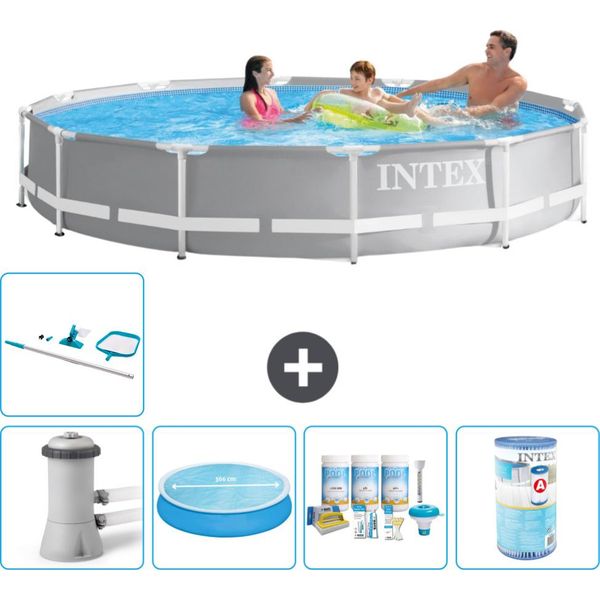Piscina Intex Round Prism Frame - 366 X 76 Cm - Grigio - Inclusa Pompa - Tenda - Pacchetto Manutenzione - Filtro - Kit Pulizia-image