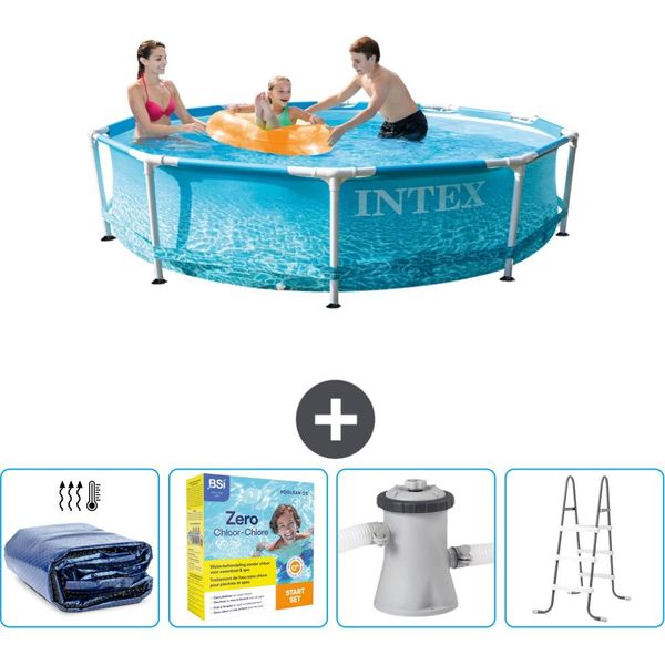 Piscina Intex Con Struttura Rotonda - 305 X 76 Cm - Pressione Dell'acqua - Tenda Da Sole Inclusa - Pacchetto Manutenzione - Pompa Filtro Per Piscina - Scaletta-image