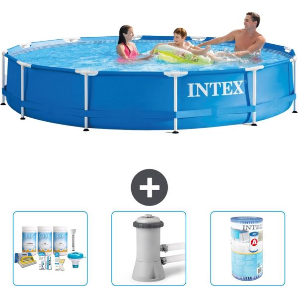 Piscina Intex Con Struttura Rotonda - 366 X 76 Cm - Blu - Pacchetto Manutenzione Incluso - Pompa Filtro Per Piscina - Filtro-image