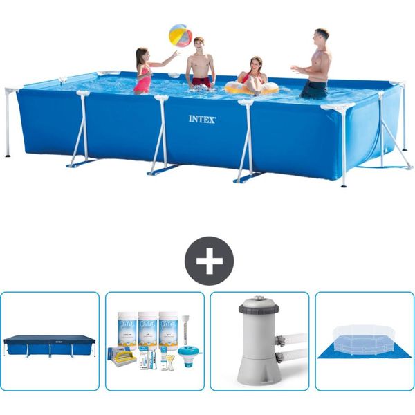 Piscina Intex Con Struttura Rettangolare - 450 X 220 X 84 Cm - Blu - Include Copertura - Pacchetto Manutenzione - Pompa Filtro Per Piscina - Copertura Del Terreno-image