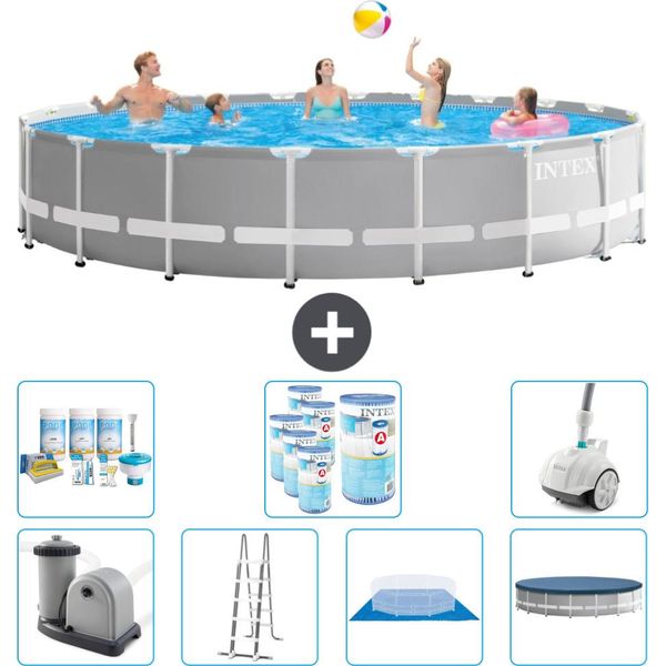Piscina Intex Round Prism Frame - 610 X 132 Cm - Grigio - Inclusa Pompa - Scala - Telo Di Fondo - Pacchetto Di Manutenzione Della Copertura - Filtro - Aspirapolvere-image
