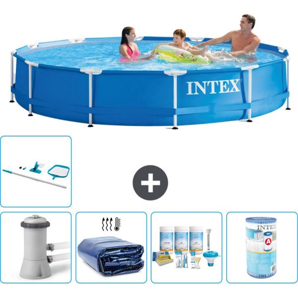 Piscina Intex Con Struttura Rotonda - 366 X 76 Cm - Blu - Inclusa Pompa Tenda - Pacchetto Manutenzione - Filtro - Kit Pulizia-image