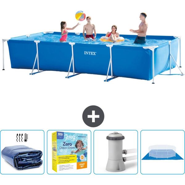 Piscina Intex Con Struttura Rettangolare - 450 X 220 X 84 Cm - Blu - Include Tenda Da Sole - Pacchetto Manutenzione - Pompa Filtro Per Piscina - Copertura Del Terreno-image