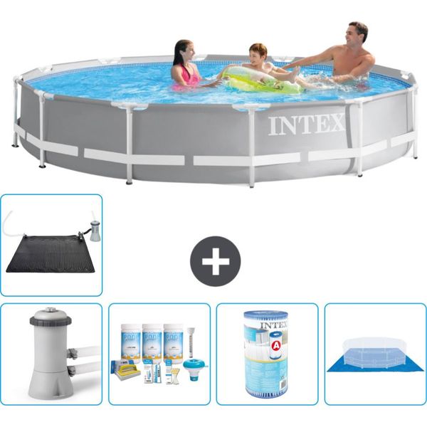 Piscina Intex Round Prism Frame - 366 X 76 Cm - Grigio - Incluso Pacchetto Manutenzione Pompa - Filtro - Copertura Del Terreno - Tappetino Solare-image