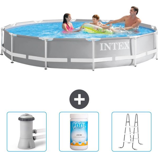 Piscina Intex Con Struttura A Prisma Rotondo - 366 X 76 Cm - Grigio - Pompa Filtro Inclusa Per Piscina - Cloro - Scaletta-image