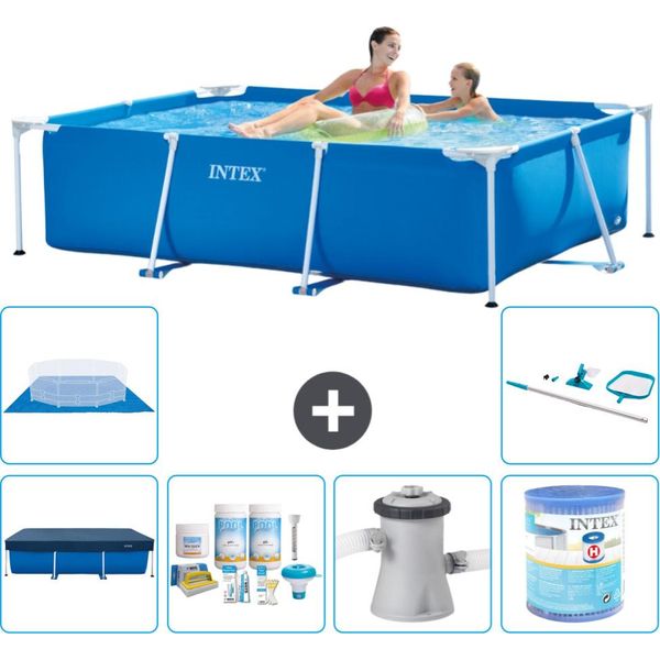 Piscina Intex Con Struttura Rettangolare - 220 X 150 X 60 Cm - Blu - Include Copertura - Pacchetto Di Manutenzione - Pompa Filtro Per Piscina - Filtro - Telo Di Fondo - Kit Pulizia-image
