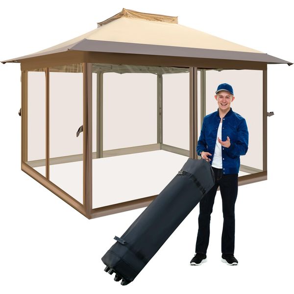 Gazebo Pieghevole Costway 3,6X3,6 M Con Zanzariera, Doppio Tetto E Borsa Per Il Trasporto, Gazebo Su Ruote, Impermeabile, Protezione Uv 50+-image