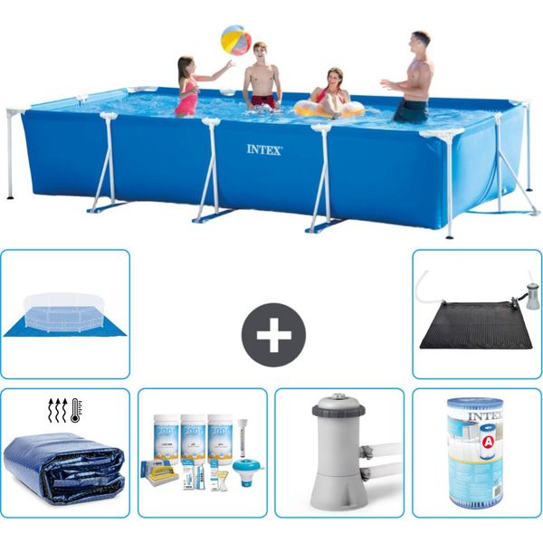 Piscina Intex Con Struttura Rettangolare - 450 X 220 X 84 Cm - Blu - Include Tenda Da Sole - Pacchetto Di Manutenzione - Pompa Filtro Per Piscina - Filtro - Copertura Del Terreno - Tappeto Solare-image