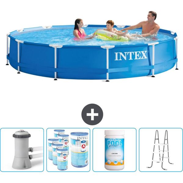 Piscina Intex Con Struttura Rotonda - 366 X 76 Cm - Blu - Compresa Pompa - Filtro - Cloro - Scaletta-image