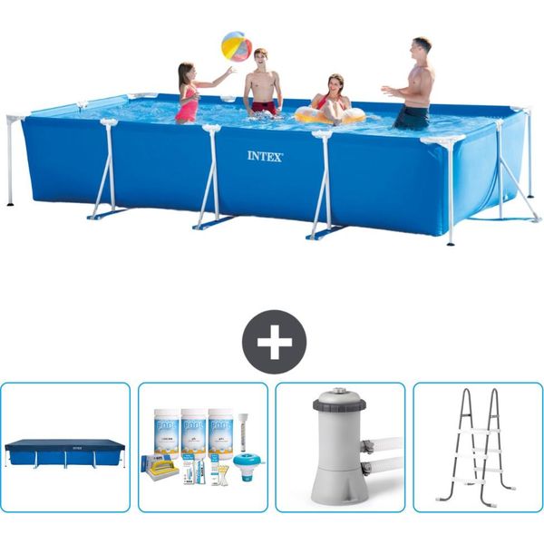 Piscina Intex Con Struttura Rettangolare - 450 X 220 X 84 Cm - Blu - Include Copertura - Pacchetto Manutenzione - Pompa Filtro Per Piscina - Scaletta-image
