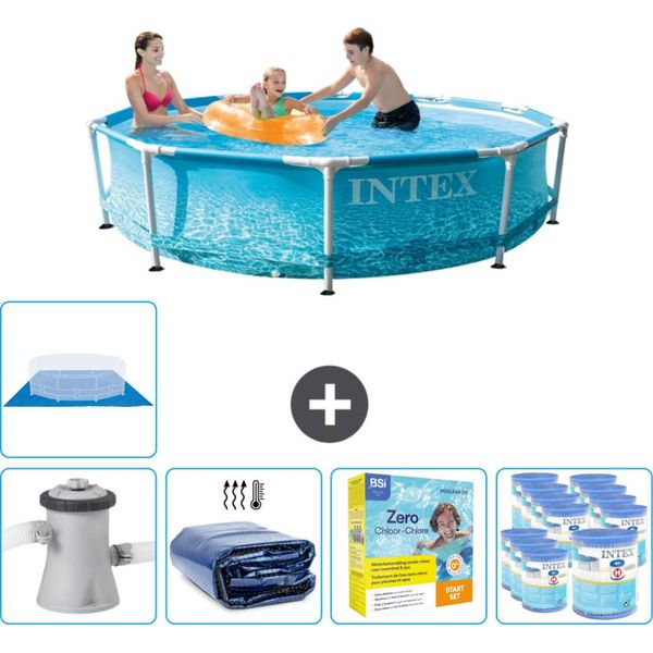 Piscina Intex Con Struttura Rotonda - 305 X 76 Cm - Pressione Dell'acqua - Pompa Inclusa - Tenda Da Sole - Pacchetto Manutenzione - Filtro - Telo Di Fondo-image