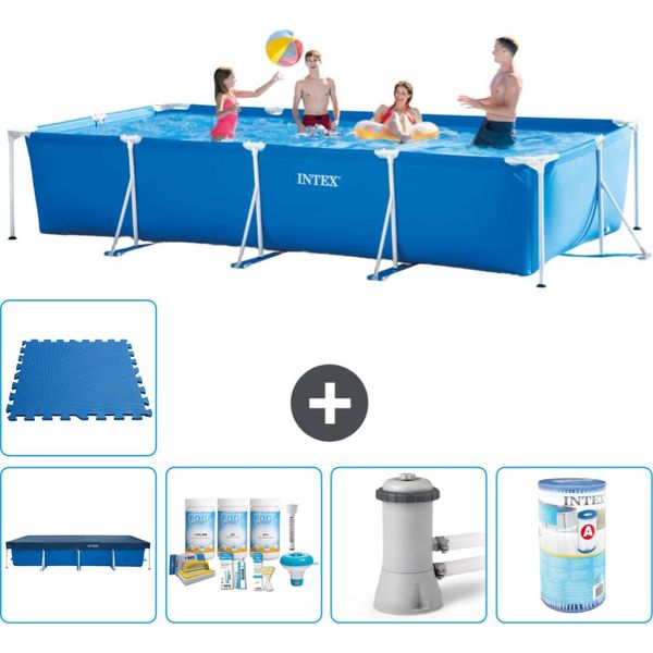 Piscina Intex Con Struttura Rettangolare - 450 X 220 X 84 Cm - Blu - Include Copertura - Pacchetto Manutenzione - Pompa Filtro Per Piscina - Filtro - Piastrelle Per Pavimento-image