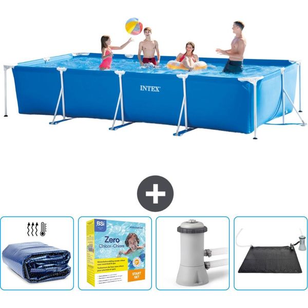 Piscina Intex Con Struttura Rettangolare - 450 X 220 X 84 Cm - Blu - Include Tenda Da Sole - Pacchetto Manutenzione - Pompa Filtro Per Piscina - Tappeto Solare-image