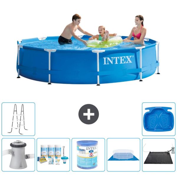 Piscina Intex Con Struttura Rotonda - 305 X 76 Cm - Blu - Incluso Pacchetto Manutenzione Pompa - Filtro - Telo Di Fondo - Materassino Solare - Scaletta - Pediluvio-image