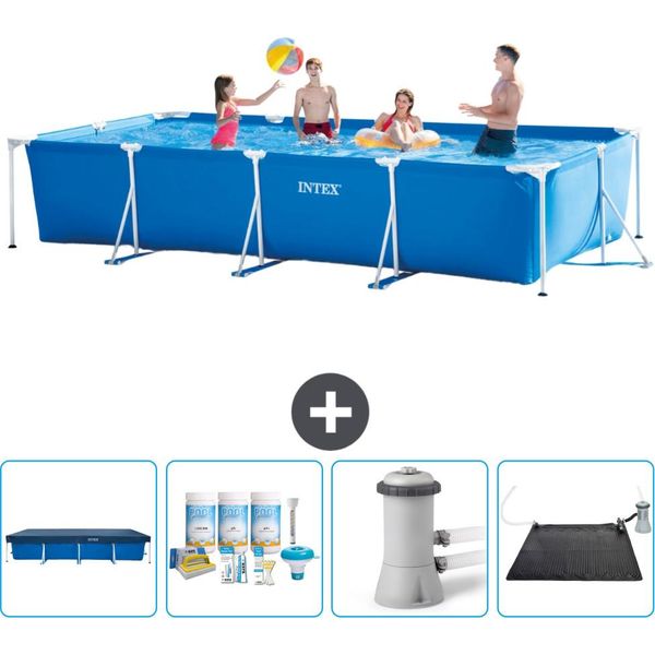 Piscina Intex Con Struttura Rettangolare - 450 X 220 X 84 Cm - Blu - Include Copertura - Pacchetto Manutenzione - Pompa Filtro Per Piscina - Tappeto Solare-image