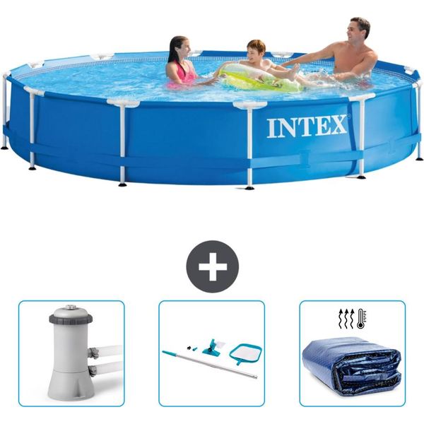 Piscina Intex Con Struttura Rotonda - 366 X 76 Cm - Blu - Include Pompa Filtro Per Piscina - Kit Pulizia - Tenda Da Sole-image