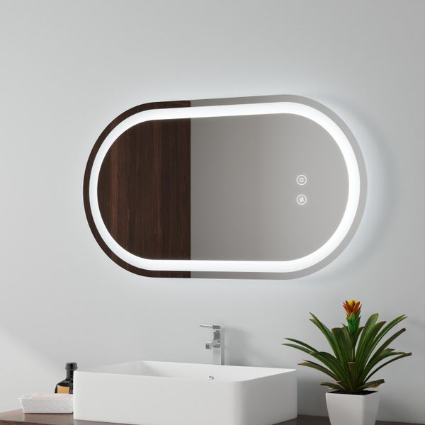 Emke Specchio Da Bagno A Led 50X90Cm Specchio Da Bagno Senza Nebbia Illuminazione A 3 Luci Colore Specchio Da Bagno Specchio Da Parete Poligonale Rotondo Con Interruttore A Sfioramento-image