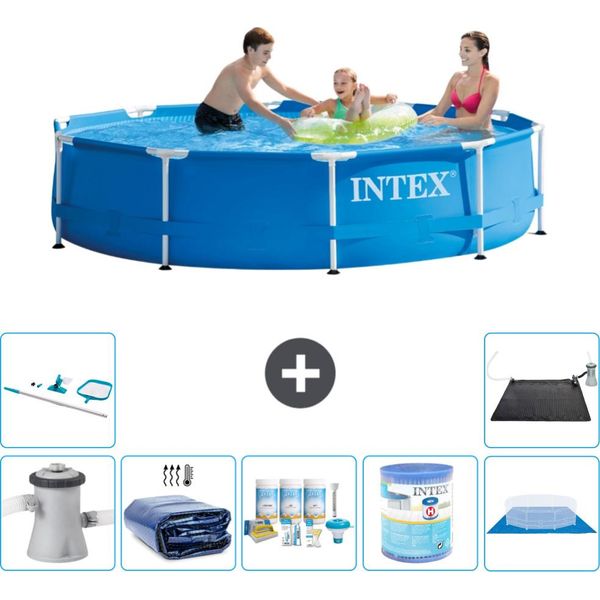 Piscina Intex Con Struttura Rotonda - 305 X 76 Cm - Blu - Pompa Inclusa - Tenda Da Sole - Pacchetto Manutenzione - Filtro - Telo Di Fondo - Kit Di Pulizia - Tappeto Solare-image
