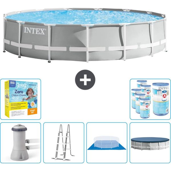 Piscina Intex Round Prism Frame - 457 X 107 Cm - Grigio - Inclusa Pompa - Scaletta - Telo Di Fondo - Pacchetto Di Manutenzione Della Copertura - Filtro-image