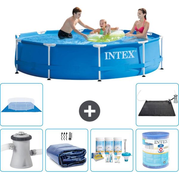 Piscina Intex Con Struttura Rotonda - 305 X 76 Cm - Blu - Pompa Inclusa - Tenda Da Sole - Pacchetto Manutenzione - Filtro - Telo Di Fondo - Tappeto Solare-image