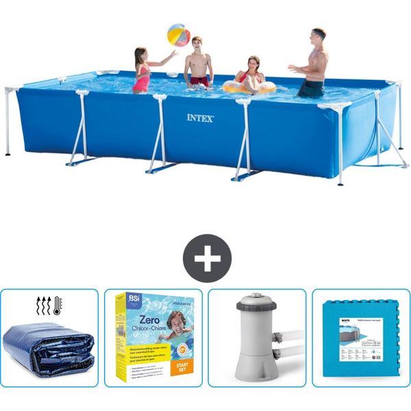 Piscina Intex Con Struttura Rettangolare - 450 X 220 X 84 Cm - Blu - Include Tenda Da Sole - Pacchetto Manutenzione - Pompa Filtro Per Piscina - Piastrelle Per Pavimento-image