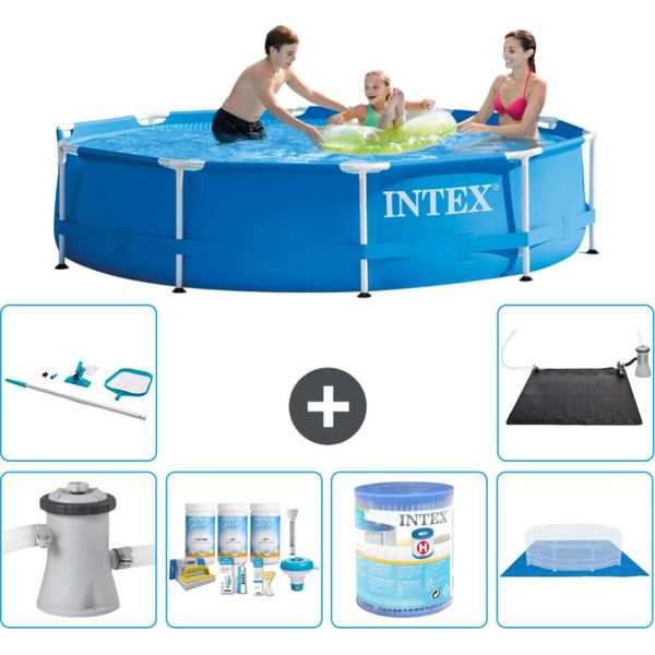 Piscina Intex Con Struttura Rotonda - 305 X 76 Cm - Blu - Incluso Pacchetto Manutenzione Pompa - Filtro - Telo Di Fondo - Kit Pulizia - Tappeto Solare-image